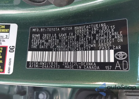 2016 Toyota Corolla Le from USA, damaged, VIN 2T1BURHE1GC492717